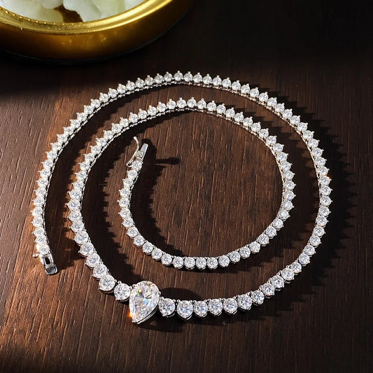 GRA Certified Moissanite Tennis Necklace with 4ct Pear Cut Pandent Solid 925 Silver Wedding Tennis Necklaces for Women