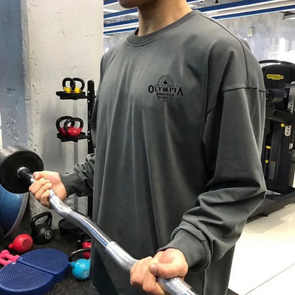 Men's Cotton Casual Long Sleeve T-shirt Man Gym Fitness Sweatshirt O-Neck Running Training Tops Male Workout Clothing Undershirt