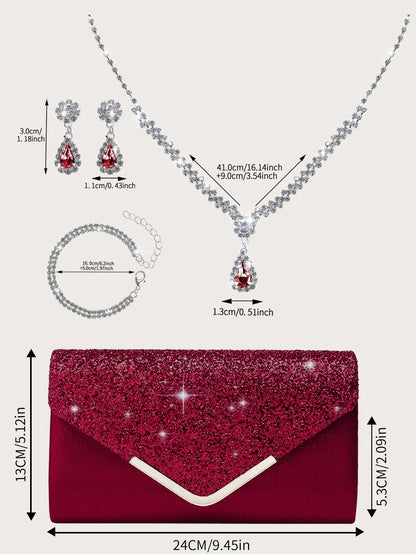 Gorgeous and elegant sparkly women's clutch bag, paired with a gorgeous rhinestone necklace, earrings and bracelet set of four.