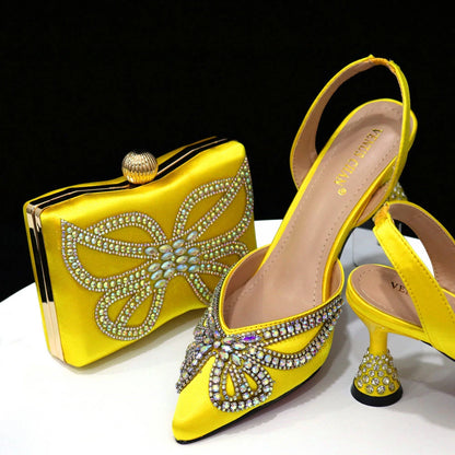 New Elegant Green Bling Bow Pointed Toe Pumps for Women 2024 Party italian Rhinestones shoes and bags matching set
