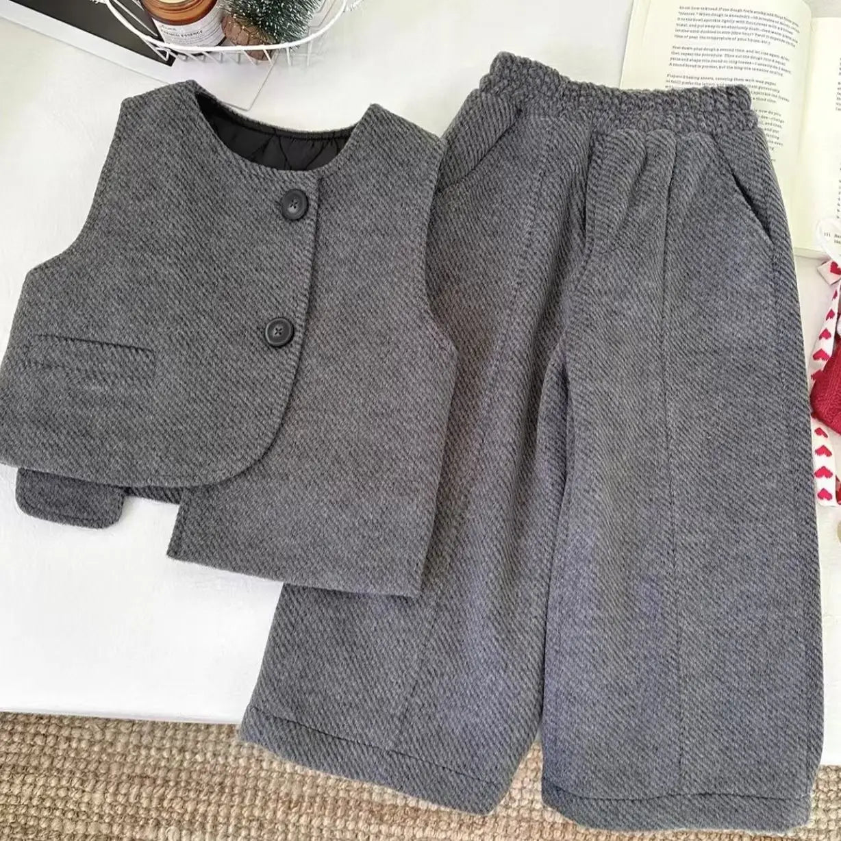 Children's Winter Thick 3pcs Set 2026 New Kids Boys & Girls Fashionable High Collar Sweater + Padding Vest + Velvet Pants 2-10Y