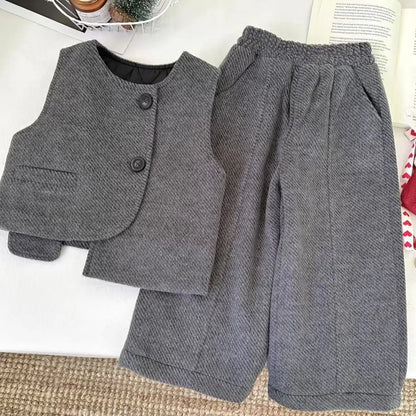 Children's Winter Thick 3pcs Set 2026 New Kids Boys & Girls Fashionable High Collar Sweater + Padding Vest + Velvet Pants 2-10Y