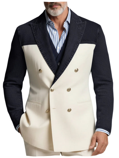 Men's Blazer Denim Sleeve Patchwork Double Breasted Suits Coats Casual Business Fashion Jacket for Spring Autumn Wedding Party