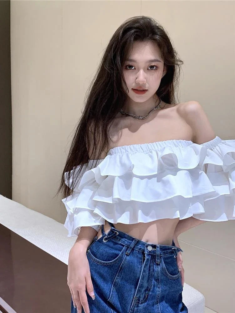 Off Shoulder Fashion Woman Blouse Stacked Ruffles Crop Top Shirt Summer Designer Short Sleeve Chiffon Sexy 2023 New