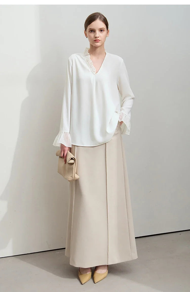 Minimalist Chiffon Shirt For Women 2025 Autumn New Office Lady V-neck Ruffle Splicing Loose Long Sleeved Blouse 12511078
