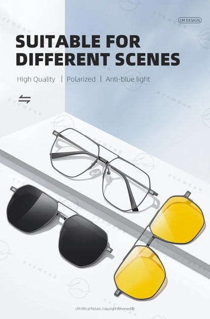 Top Brand Design Sunglasses Men Polarized 3 In 1 Magnetic Clip On Glasses Women Hexagon Night Vision Anti-Blue Light Eyeglass