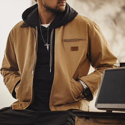 Men's Retro J001 Detroit Jacket Heavyweight Canvas Hunting Coat Lapel Collar Work Jackets with Zipper for Spring Fall