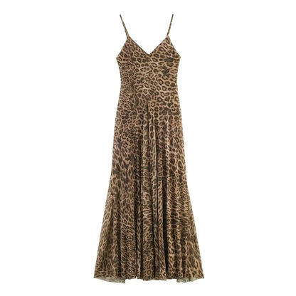 Ladies Sexy Summer Dress Women Vintage Leopard Print Sling Dress Party Suspender Sleeveless Backless Slimming Maxi Dress Female