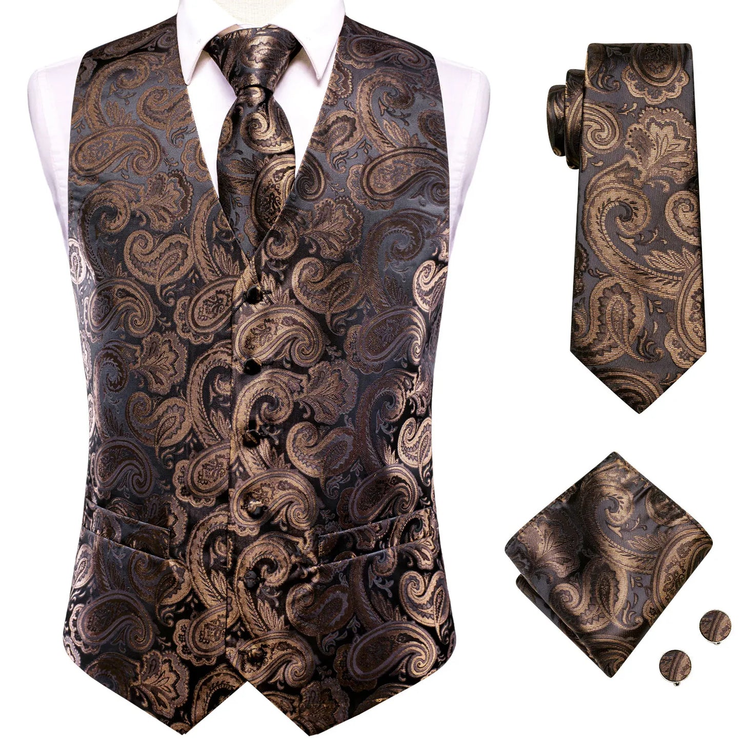 Luxury Mens Waistcoat Tie Set White Black Gray Silver Brown Sleeveless Jacket Suit Vest Necktie Hanky Cufflinks Gift