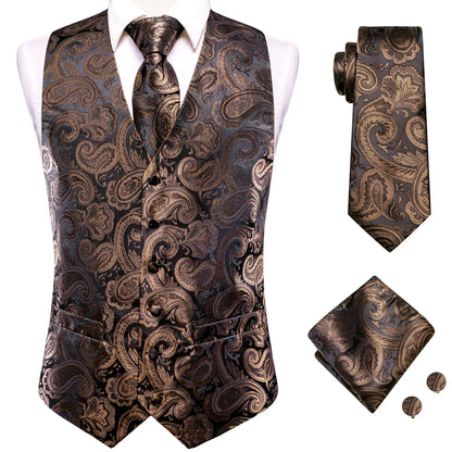 Luxury Mens Waistcoat Tie Set White Black Gray Silver Brown Sleeveless Jacket Suit Vest Necktie Hanky Cufflinks Gift