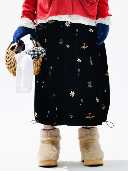 Embroidered Floral Midi Skirt, Vintage Velvet, Daily Outing, Mori - style Healing Vibe 255288