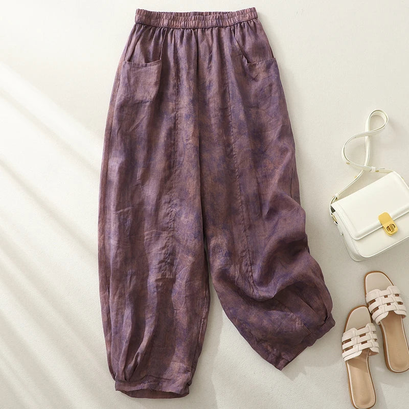 Retro Waterprint Linen Casual Nine-Piece Pants plus Size Women's Loose Elastic Waist Versatile Wide Leg Harlan Pants