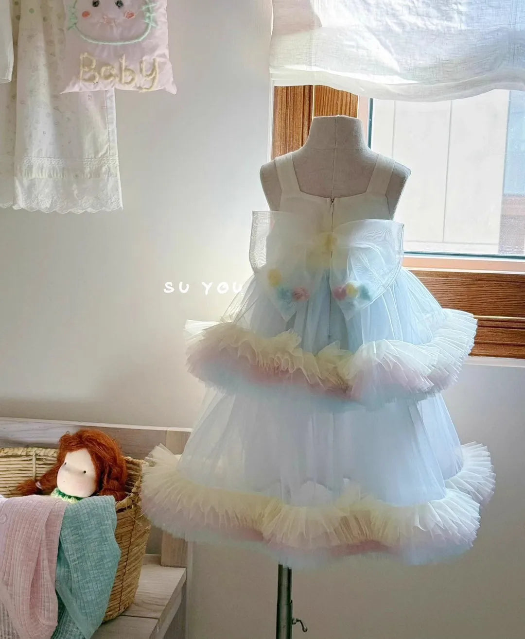 Sweet Baby Girls Elegant Rainbow Gradient Tutu Princess Cake Sundress Kids Tulle Ruffle Trim Puffy Birthday Party Casual Gown