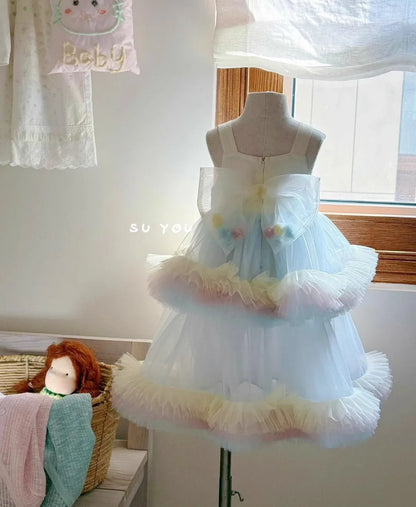 Sweet Baby Girls Elegant Rainbow Gradient Tutu Princess Cake Sundress Kids Tulle Ruffle Trim Puffy Birthday Party Casual Gown