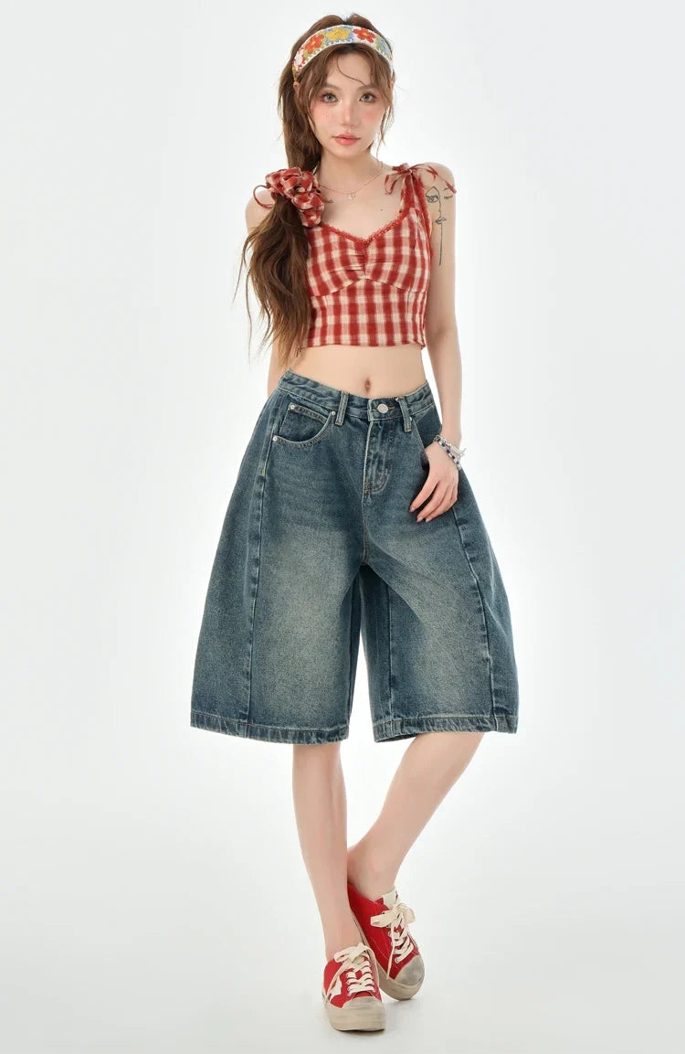 Loose Wide Leg Denim Knee Length Pants Women American Vintage Slimming Shorts