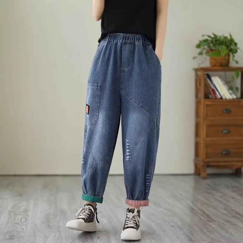 Loose Harlan Jeans Women's Denim Pants Middle-Aged Mom Trendy plus Size Carrot Shape High Waist Cotton Stretch Fabric All Sea...