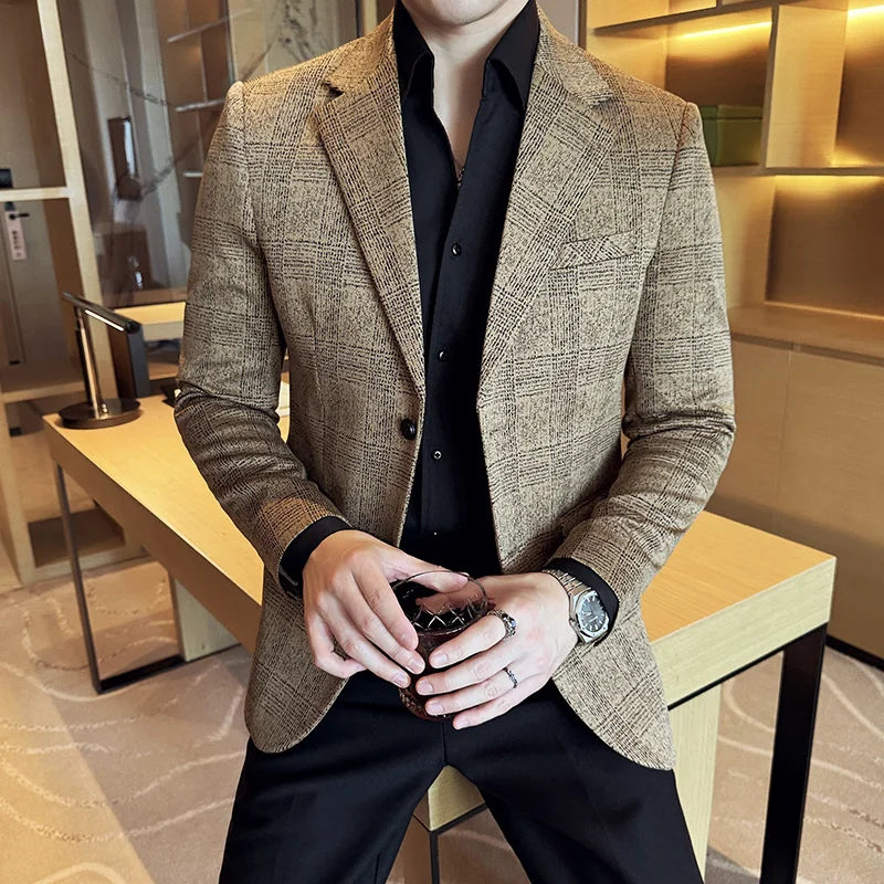 High Quality Meteor Grid Suit Jackets Men British Style Slim Fit Business Casual Fashion Blazers Formal Men Wedding Party Tuxeds