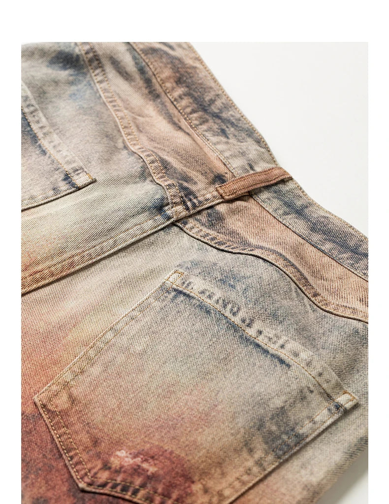 Women Jeans 2026 Spring New Wilderness Wasteland Style Mid Low Waist Loose Printed Wide Leg Pants