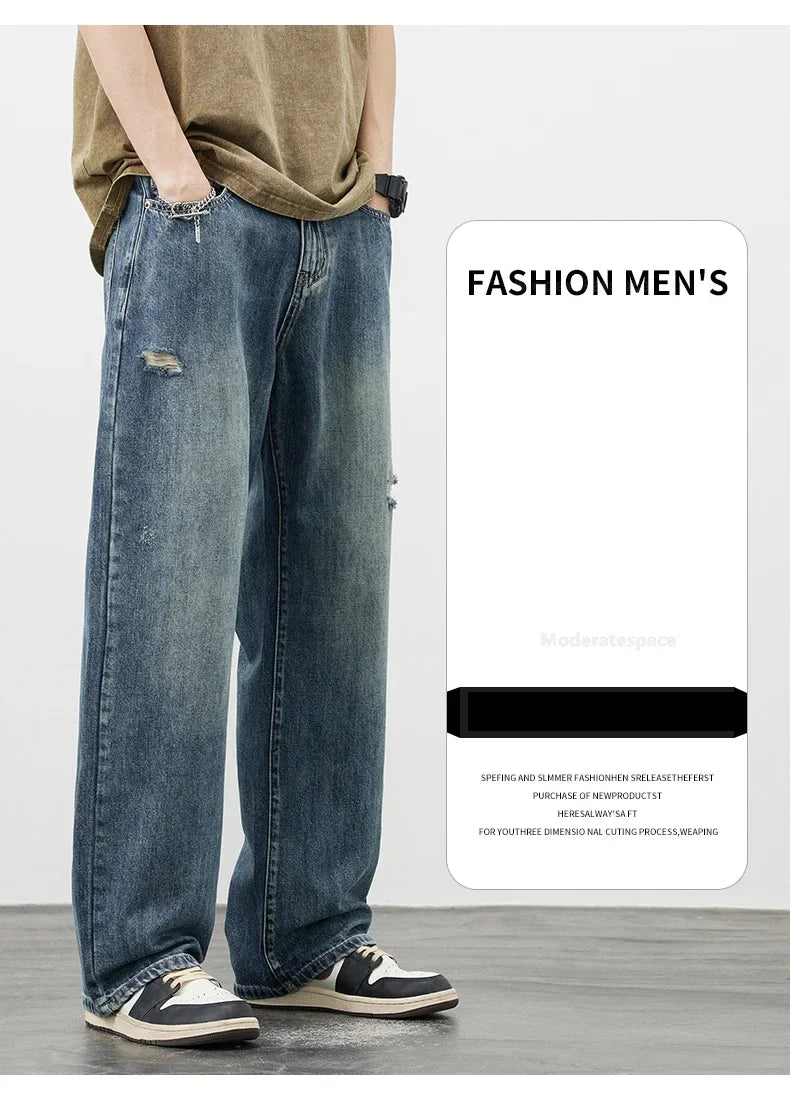 Korea Baggy Jeans Men's Vintage Straight Ripped Y2k Pants Fashion Frayed High Street Distressed Denim Trousers Male Clothes
