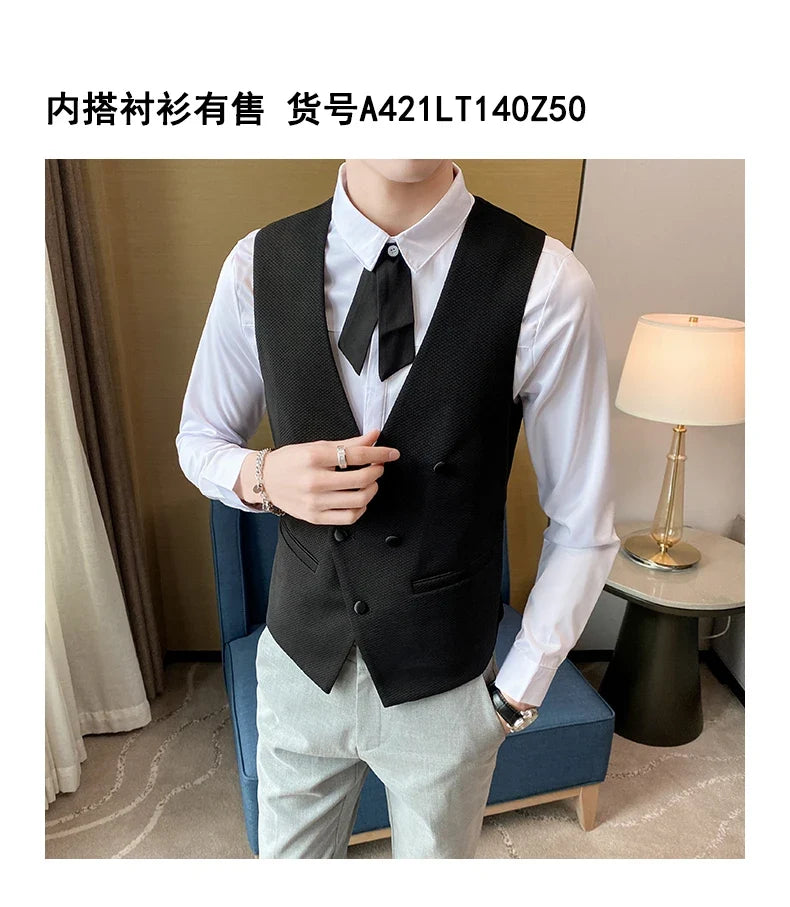 2025 New Fashion Men's Double Breasted Gentleman Dress Casual Vest Fashion Nightclub Bartender Work Clothes V Neck Vest Jacket