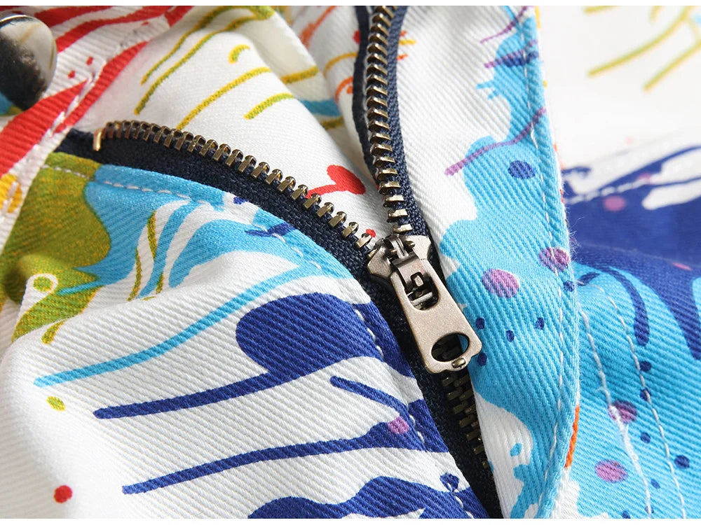 Men Fancy Color Painted Shorts Summer Y2K Stretch Denim Breeches Digital Print White Jeans