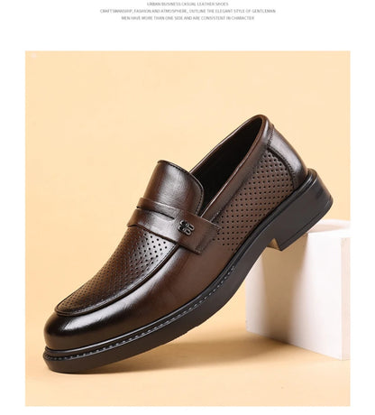 Mens Black Penny Loafers With Perforated Detail Slip On Comfortable Breathable Dress Shoes For Business Office And Summer Wear