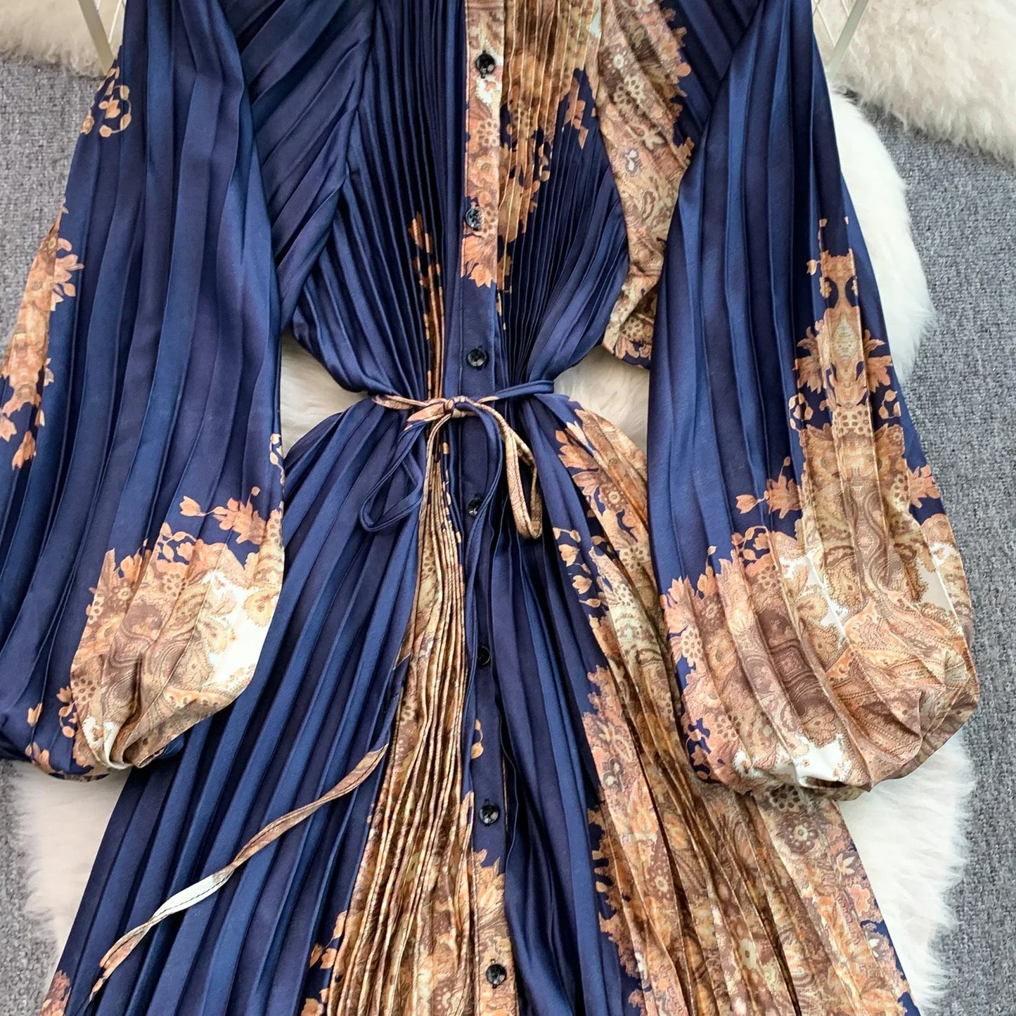 Ele Printed round Ne Lantern Sve Dr Women's Single Button Waist Cinch Maxi Skirt Long Dr Commute Sle Autumn