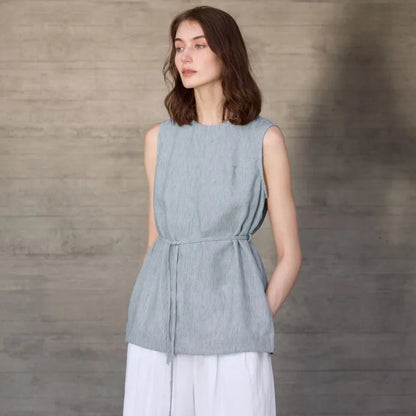 100% Linen Mid-Length Round Neck Women's Tank Top American Vintage Ladies Top Mujer Summer Lace-up Loose Sleeveless Tops