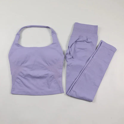 Seamless Gym Set Women Workout Clothes Low Waist Scrunch Yoga Leggings Sets Padded Halter Tank Top 2 Piece Sports Suits
