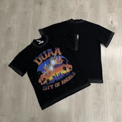 Car Letter Rhinestone Washed Cotton Short Sleeve Tshirts for Men and Women Harajuku Hip Hop Loose Shinning Diamond Tees Oversize
