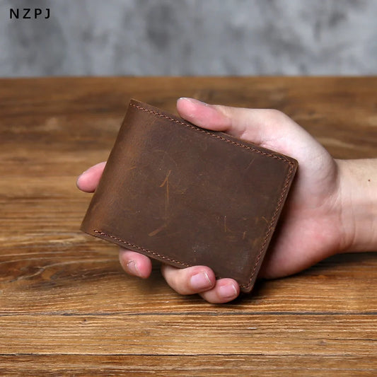 Portefeuille court en cuir véritable pour homme, en cuir de vachette première couche, avec porte-monnaie et porte-cartes d'identité en cuir Crazy Horse