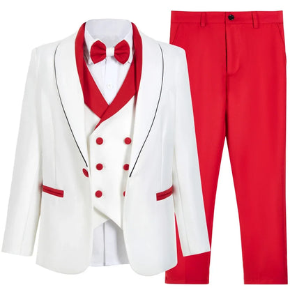Hot Selling Red White Contrast Boys Formal Suit Set 3-14 Years 2026 4 Piece Kids Wedding Tuxedo Blazer Vest Pants Bow Tie