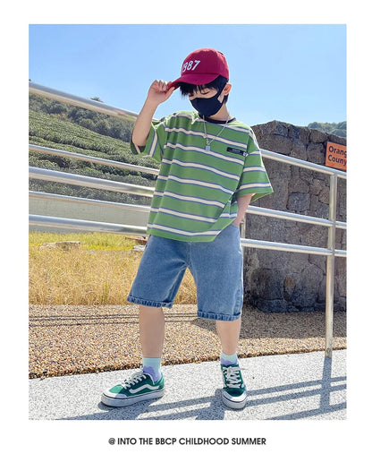 Tween Boy Summer Clothing Set Child Casual Cotton Stripe T-shirt & Denim Shorts 2 Piece Suit Teenage Kids Luxury Clothes Costume