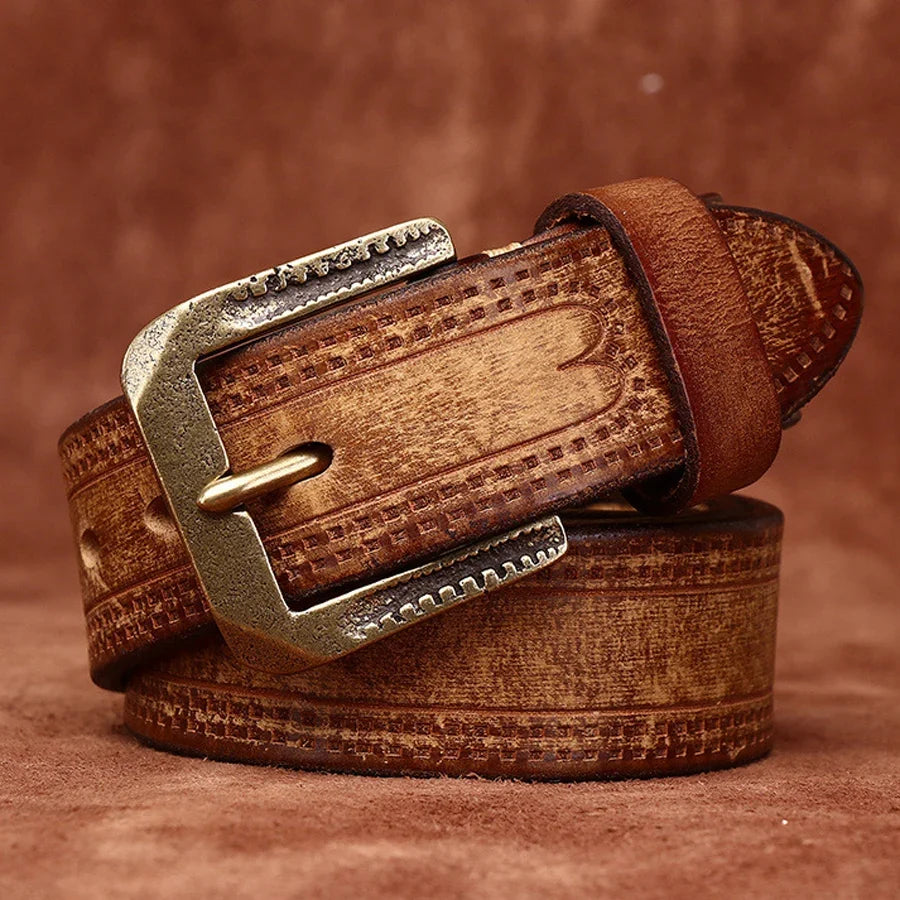 3.8CM Pure Cowhide High Quality Genuine Leather Belts for Men Brand Strap Male Brass Retro Buckle Jeans Cowboy Cintos Luxury