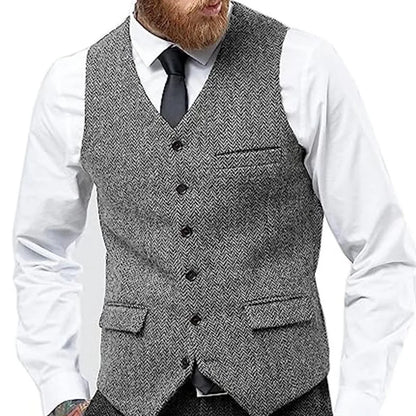 Herringbone Vest for Men Wool Tweed Waistcoat for Groom Groomsman Formal Single Breasted Males Plus Size Dress Suit Vest