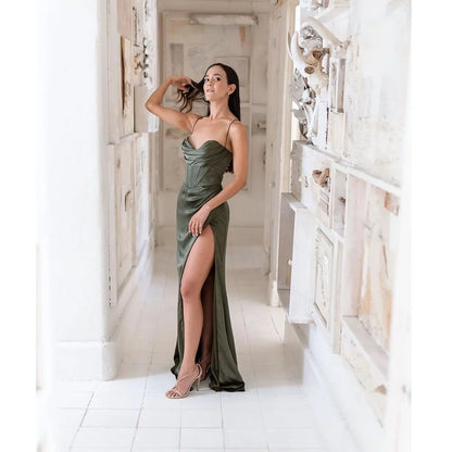 New Summer Prom Dress Women'S Sling Sleeveless Solid Color Dress One Word Neck Slim Fit Open Back Slit Red Sexy Dress