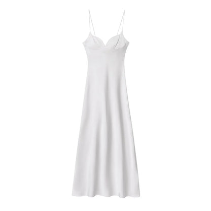 2025 Women Red V-Neck Holiday Style Satin Texture Long Dress Sleeveless Summer Women's Back Zipper Fashion Sling Dresses
