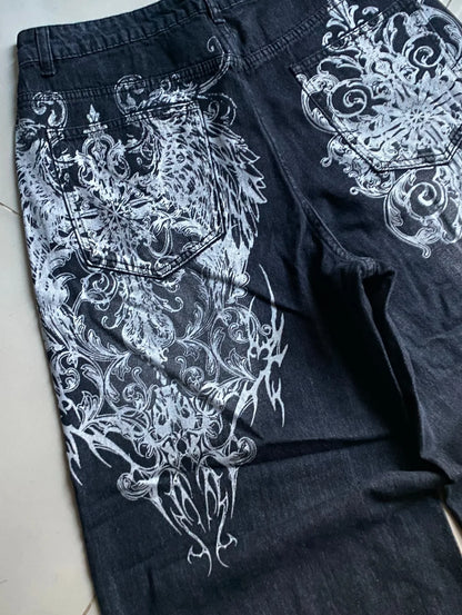 vintage style printing black baggy jeans harajuku trend men women hip hop fashion casual Joker couple Wide-leg pants streetwear