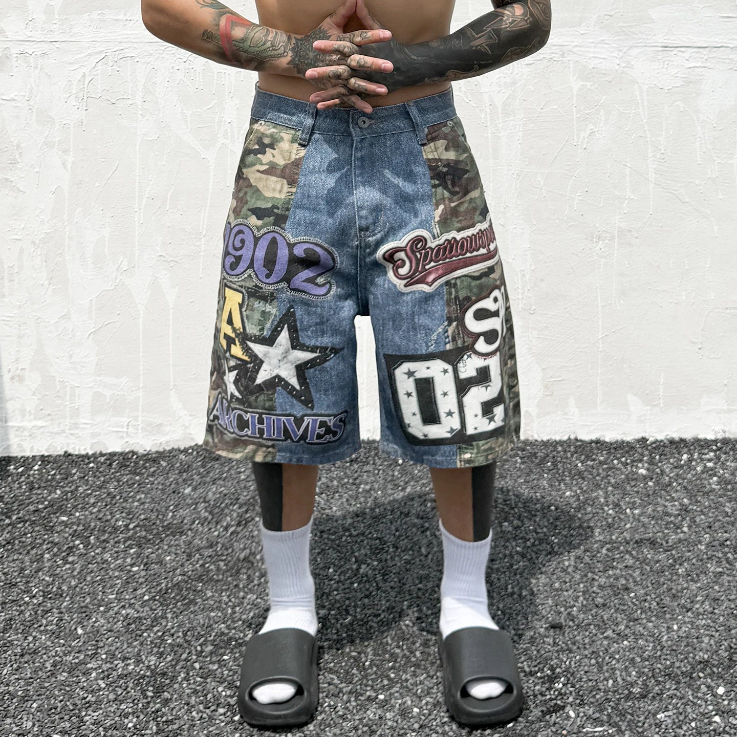 Hip Hop Camouflage Letter Embroidery Loose Fit Five Pocket Mens Streetwear Short Pants Cotton Denim Patchwork Women Shorts