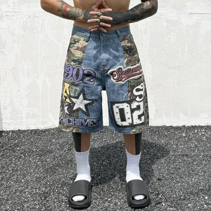 Hip Hop Camouflage Letter Embroidery Loose Fit Five Pocket Mens Streetwear Short Pants Cotton Denim Patchwork Women Shorts