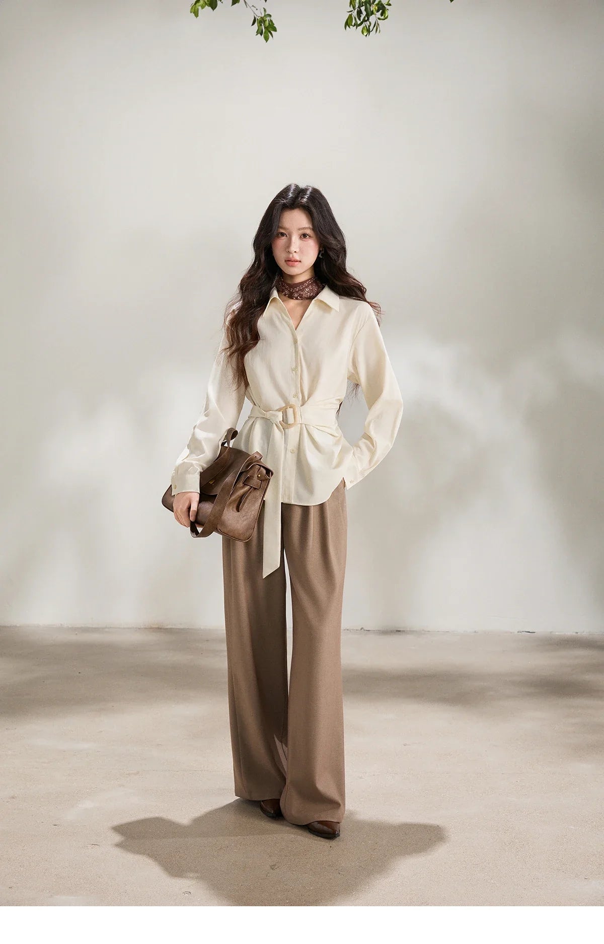 Women's Lapel Collar Long Sleeve Shirt 2026 Spring with Belted Waist Casual Loose Soft Beige Shirt Office Lady MXF13C2452