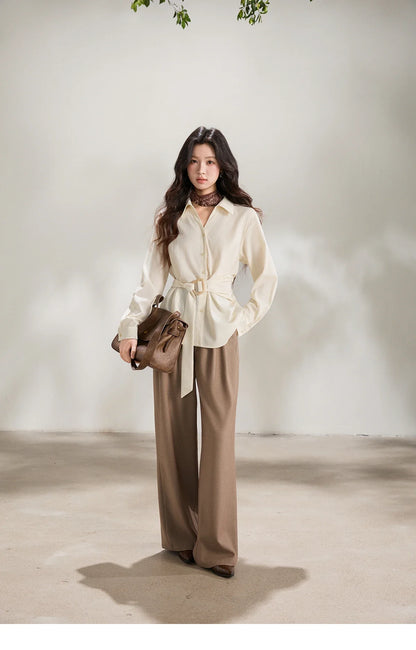 Women's Lapel Collar Long Sleeve Shirt 2026 Spring with Belted Waist Casual Loose Soft Beige Shirt Office Lady MXF13C2452