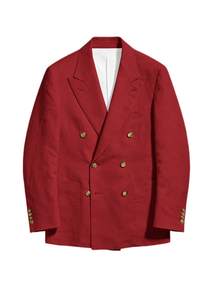 Men's Linen Double Breasted Blazer Peak Lapel Casual Business Suit Jacket With Patch Pockets For Daily Office Wear