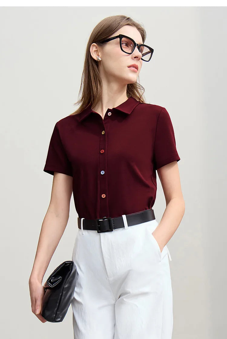 Women's T-Shirt 2026 Summer Lapel Collar Casual Short Sleeve Tee Color Block Button Slim Versatile T Shirts Woman 12652001