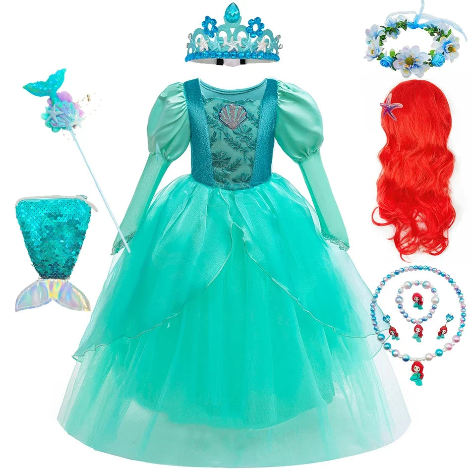 Kids Mermaid Dress Halloween Long Sleeve Princess Costume Children Luxury Fluffy Tulle Frocks Child Mermaid Birthday Party Gown