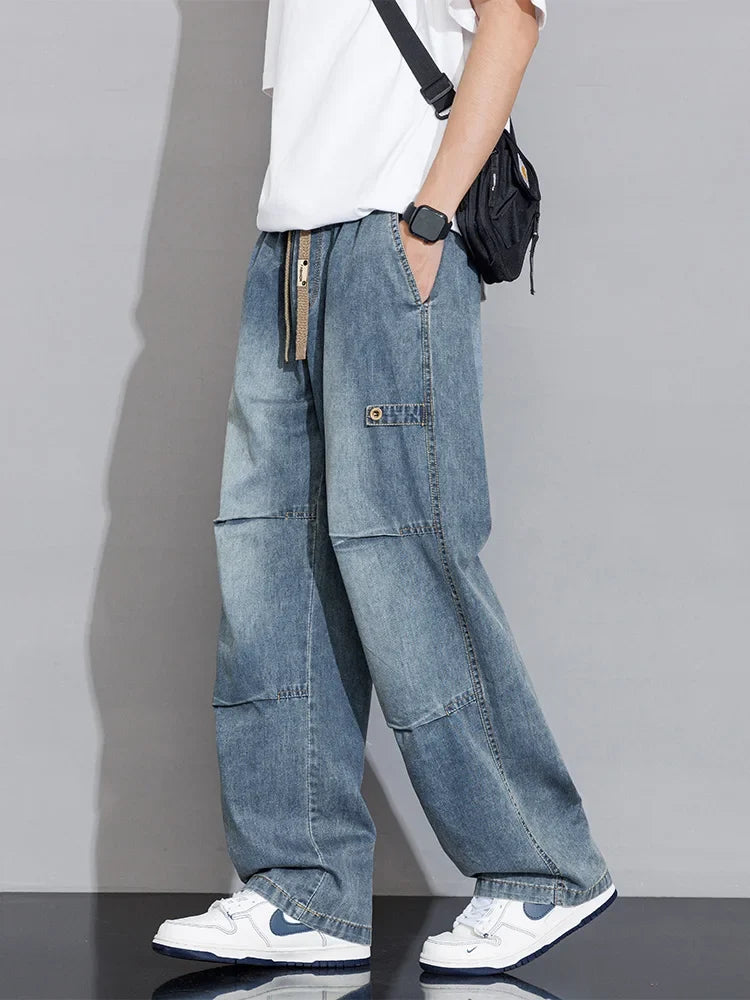 Men's Cargo Jeans 2026 New Spring Summer Wide Leg Denim Pants Straight Baggy Jeans Asian Size L-5XL