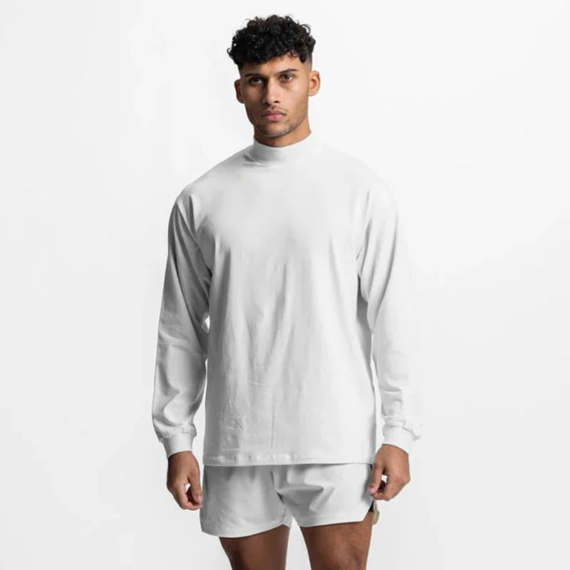 Oversized Long Sleeve Running T-shirts Mens Turtleneck Dropped Shoulder Loose Sports Fitness T Shirt Gym Bodybuilding Tops Tees