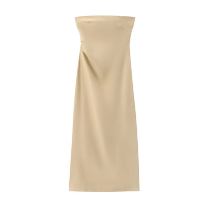 Women Fashion Summer New Sexy Split Back Zip Pleated Sleeveless Strapless Dress Chic Female French Elegant Evening