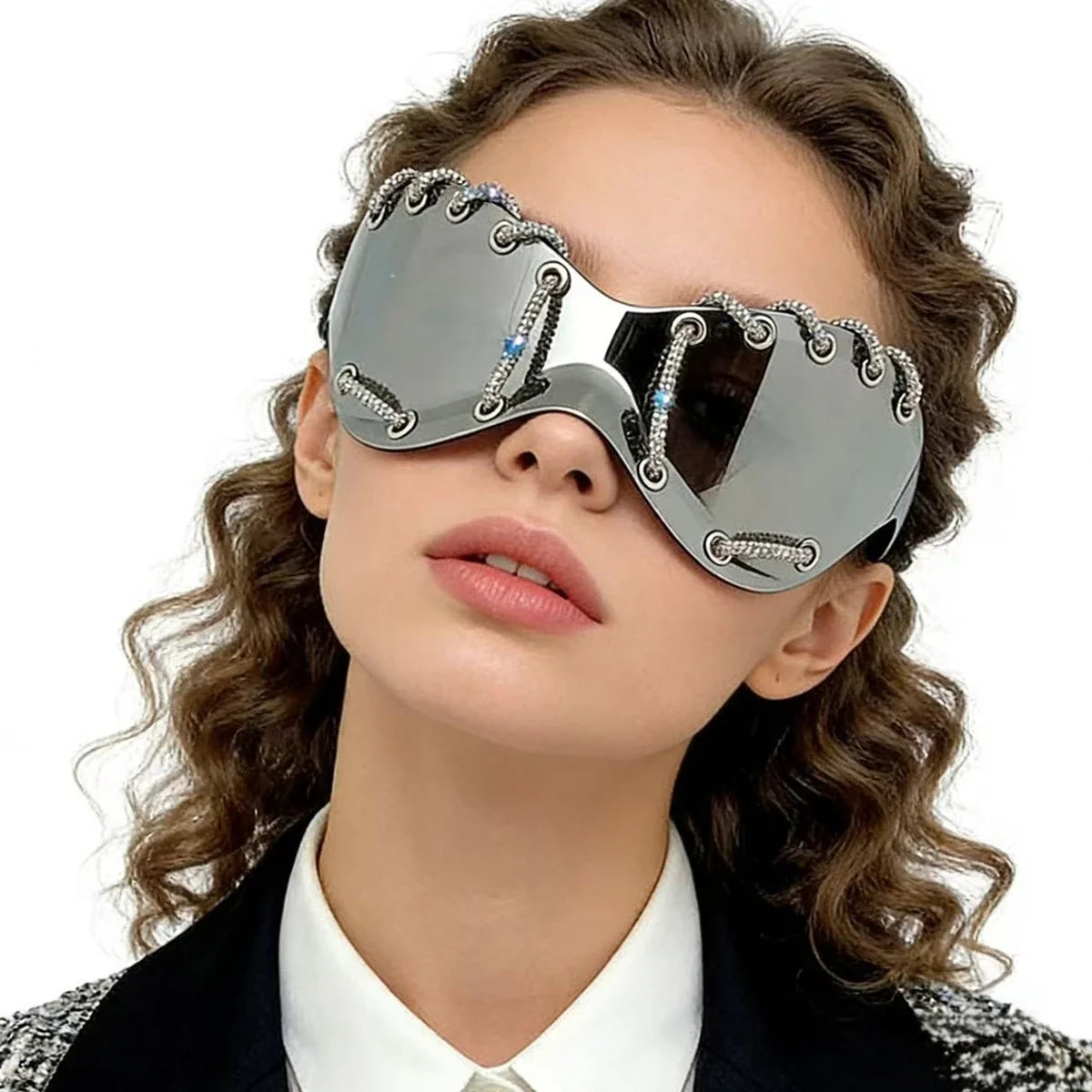 Women's Exaggerated Oversized One-Piece Rhinestone Chain Sunglasses Y2K Retro Futuristic Fashion Silver Goggles Shades for Party