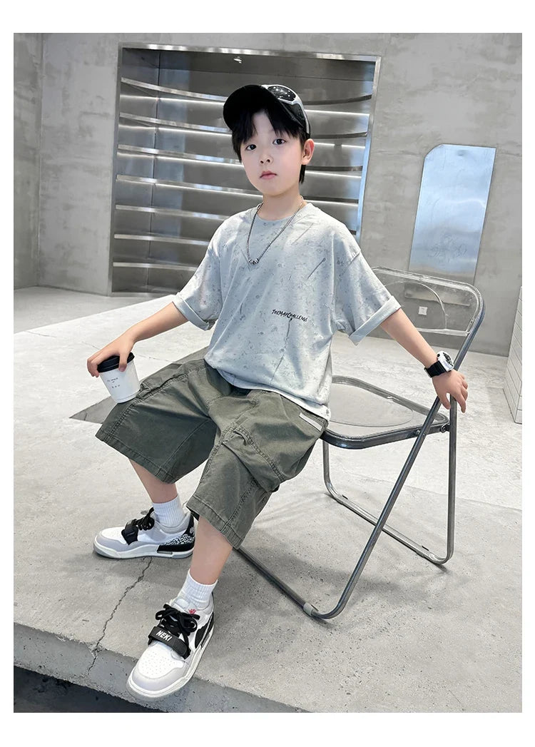 Summer Suit for Boy with Shorts Two Piece Clothing Set Kids Child Cotton Top and Bottom Clothes Set Casual Outfit Tracksuit 5-14